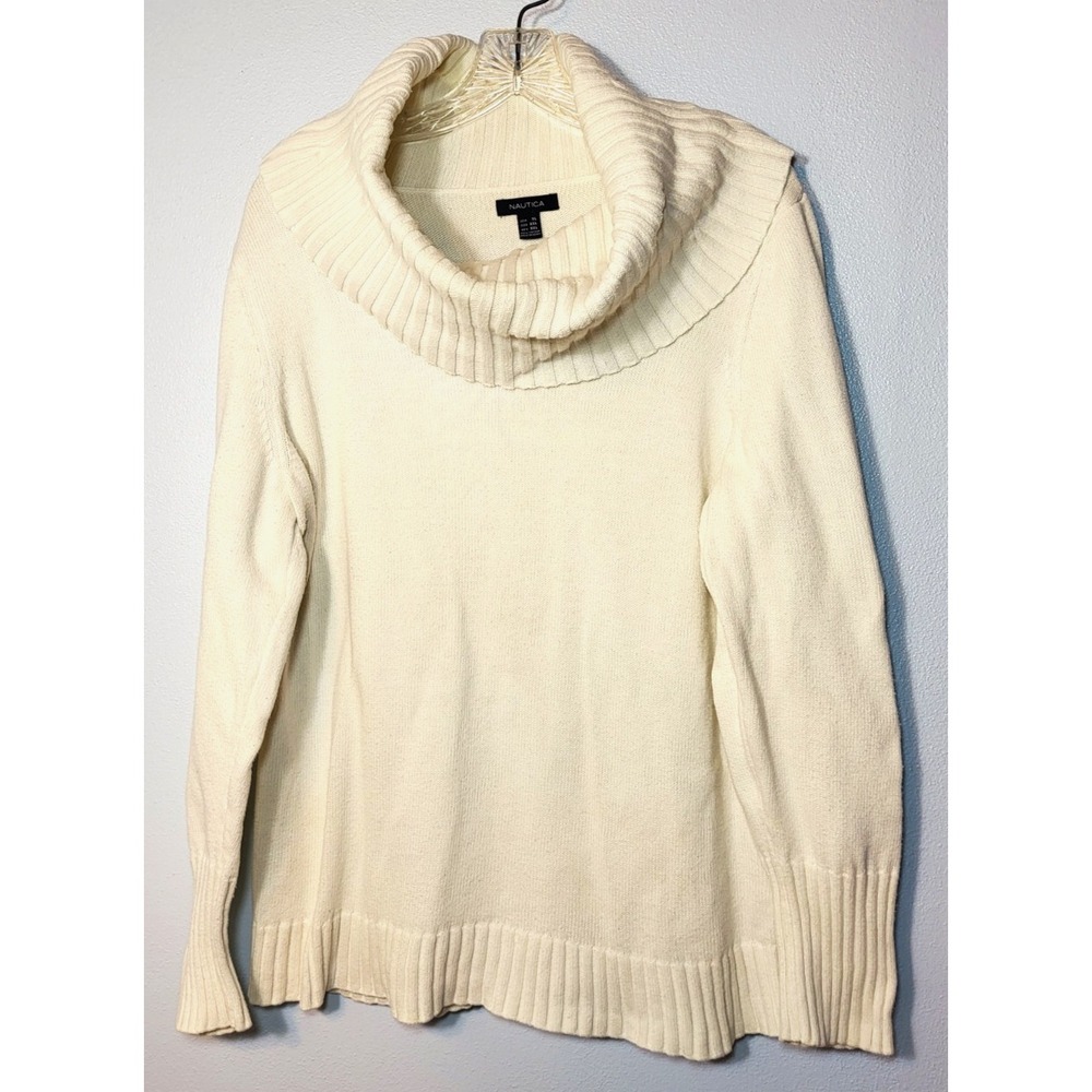 Nautica White‎ Cotton Knit Wide Turtleneck Sweater Size XL Nautical Preppy